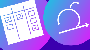 A kanban board icon and a scrum loop icon intersecting to show the differences and similarities of both product management ideologies.