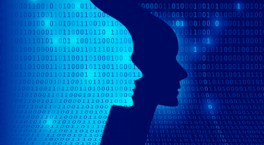 A digital face made of code overlapping a human's face.