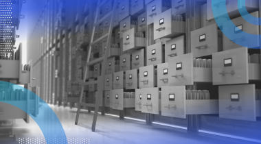 Data warehousing image of massive filing cabinets piled to the sky with random drawers pulled out and a ladder leading to a higher level