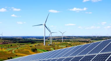 Solar panels and wind turbines generating clean energy.