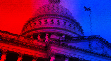 A warped image of the U.S. Capitol, colored red and blue