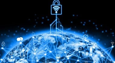 padlock hovering over global IoT network connected across Earth