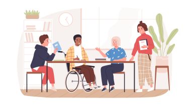 Four people of varying identities surround a conference table to represent workplace diversity and inclusion.