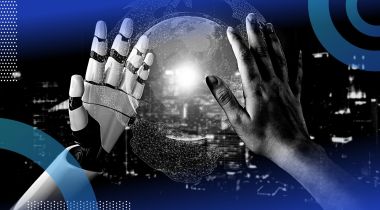 A human and a robot hand reach toward a 3D globe