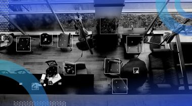 overhead view of a room with bounding boxes for computer vision