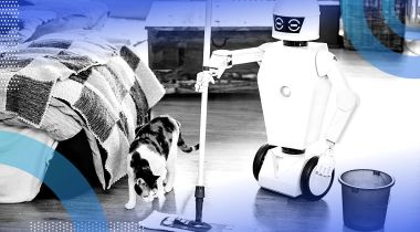 A robot on wheels mopping the floor with a calico cat observing.