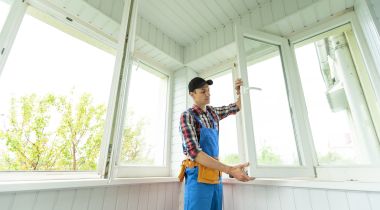 A person is shown installing windows.