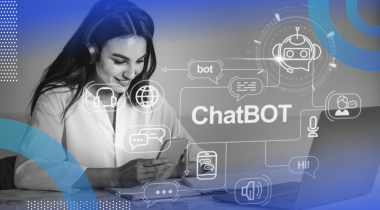 A smiling woman wearing a headset looking down at her phone at a desk with holographic boxes containing different images representing chatbot capabilities overlayed.