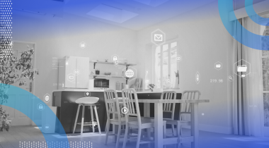 A kitchen in a smart home with holographic images representing the Internet of Things connections in all the appliances.