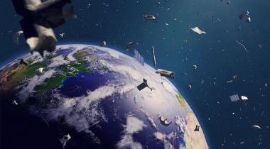A fictional illustration of space debris floating around the Earth.