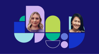 A photo of two Fluent employee headshots among abstract shapes on a cool color scheme