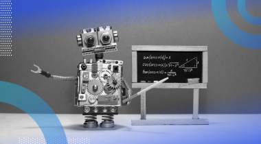 A robot points to a chalkboard with math equations on it