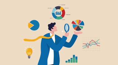 An illustration of a person with a data analysis chart, diagrams and more with a magnifying glass.