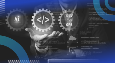 A man in a suit holds symbols saying AI, DevOps, and a symbol