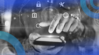 Person entering a fintech app with icons