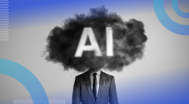 A man in a suit with his head covered by a dark cloud that says AI