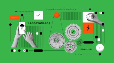 A collage of cogs, hands and technology arranged on top of a green background