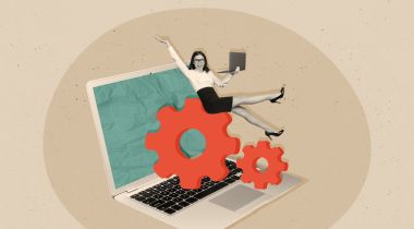 A collage of a woman sitting on a large gear over a laptop to show the idea of women working in tech. 