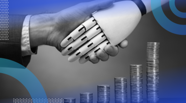 Robot and human hand shaking hand over stacks of money