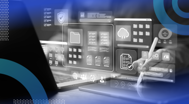 Person working on an ERP system with interface overlay