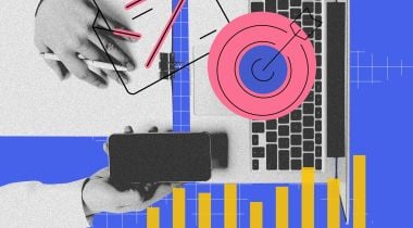 A blue background with black and grey hands and a laptop from above show the idea of searching to solve customer problems. 