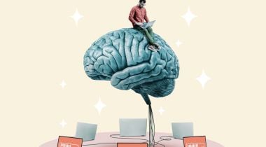 A collage of a programmer sitting on a big brain connected to laptops to show the idea of engineering teams learning. 