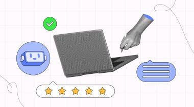 A ​​halftone collage of a hand and a laptop with icons like 5-stars and a robot to show the idea of customer service.