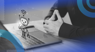 A user works on a laptop with a cartoon AI malfunctioning on top