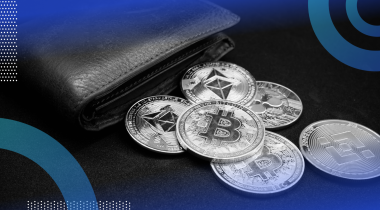 A wallet with crypto coins spilling out of it