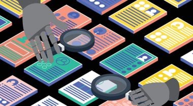 An illustration of two robotic hands with magnifying glasses scanning over a grid of colorful resumes, symbolizing AI in talent acquisition.