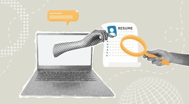 A hand reaches out from a computer screen to grab a resume.