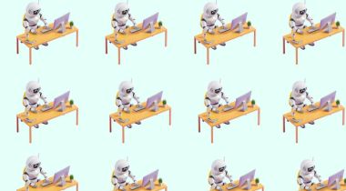 Rows of white, humanoid robots typing on laptops at desks, with a light-turqoise background.