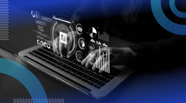 A close-up on a user working on a laptop with an AI overlay