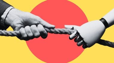 A human hand and a robotic hand tug on opposite ends of a rope.