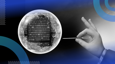 A hand with a pin is about to pop a bubble full of binary code