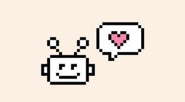 Pixel robot with a heart inside a text bubble