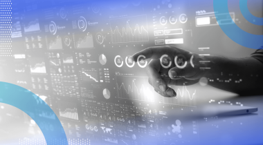 A hand uses a futuristic interface