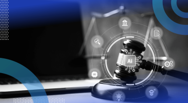A gavel in front of a laptop with an AI overlay