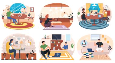 An illustration with six vignettes showing people working from home in different settings like a table, living room and on the floor to show the idea of remote work in tech. 