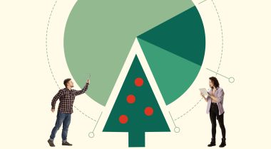 A collage of two tech workers next to geometric shapes like a Christmas tree.