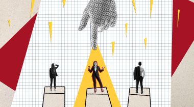 An illustration of three employees and one with a spotlight above them in a collage style to show the idea of recognition at work.