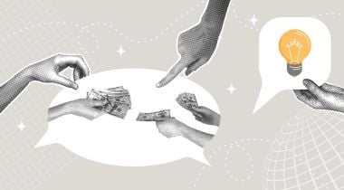 A collage of hands holding money or text boxes with a lightbulb to show the idea of compensation technology.