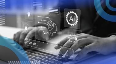 A closeup of hands typing on a keyboard with an AI prompt screen overlay