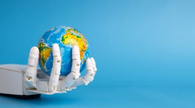 A robotic hand holds a small model of the globe, with a light-blue background.