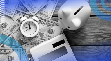 A piggy bank, clock, and calculator on top of a pile of money