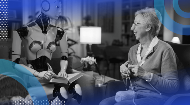 An elderly woman knits while a robot reads to her from a book