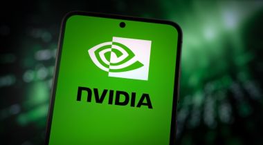 A smartphone with a green screen and the Nvidia logo displayed.