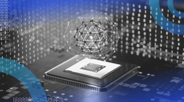 An AI chip with a buckyball above it and quantum code surrounding it