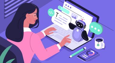 Illustration of a woman typing on a laptop with a chatbot interface guiding her.