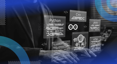 A developer works on a laptop with different computer languages and an AI coding assistant